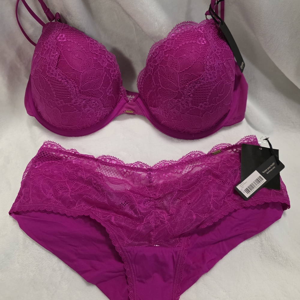 NWT BeMe New York "Know Your Truth" Lace Push-Up Bra & Panty Set - Magenta